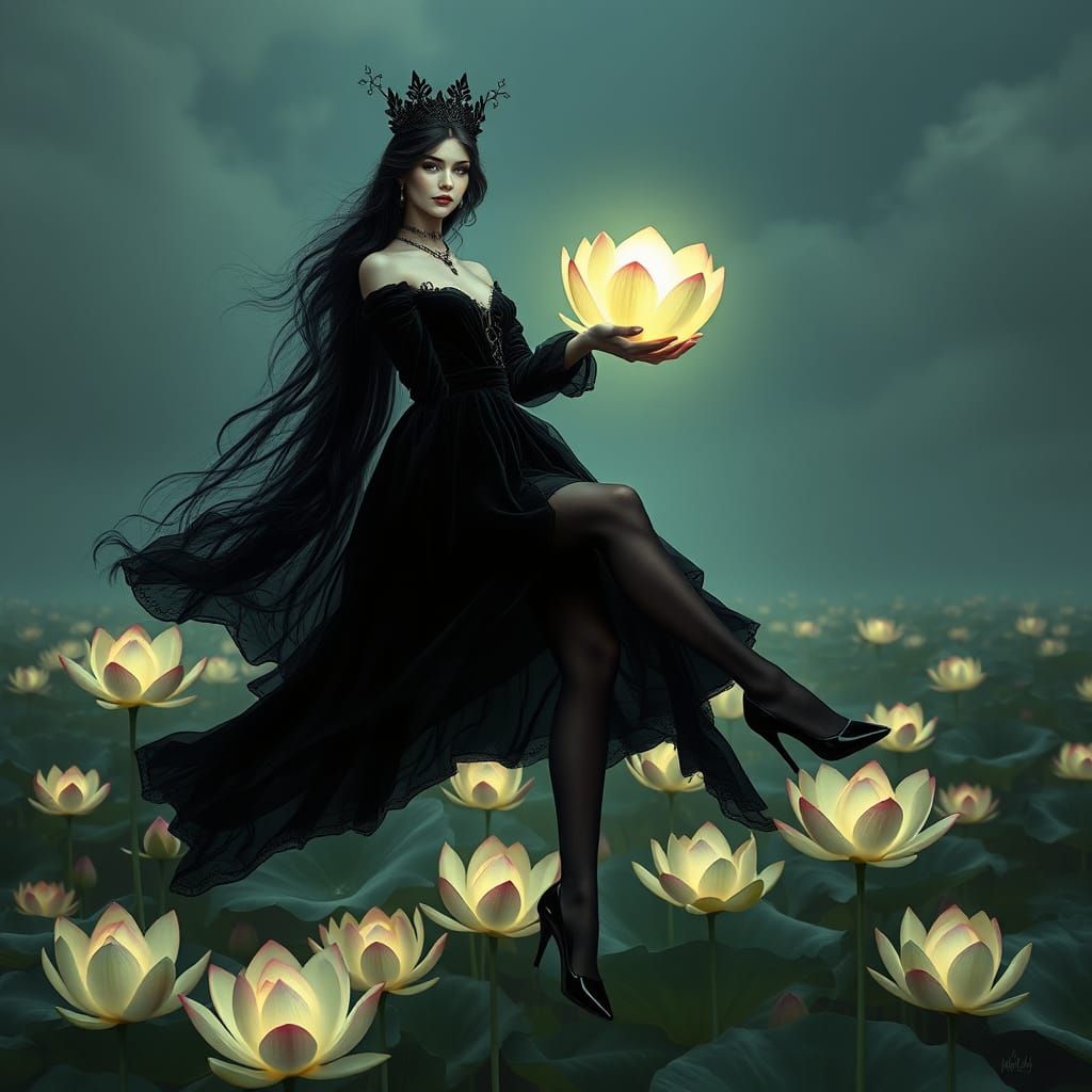 Gothic Princess Levitates Amidst Luminous Lotus Flowers