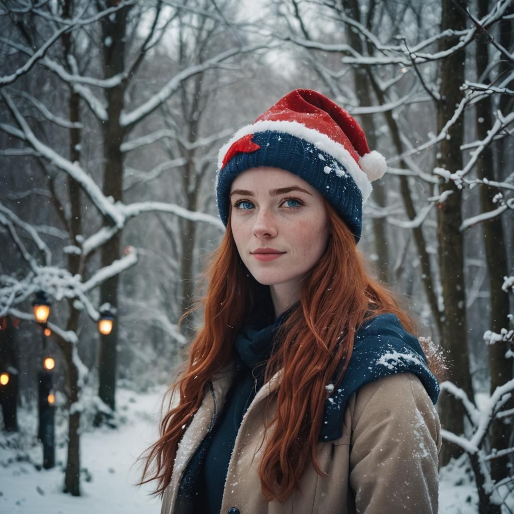 Irish Redhead Girl Wears Santa Hat in Snowy Christmas Scene