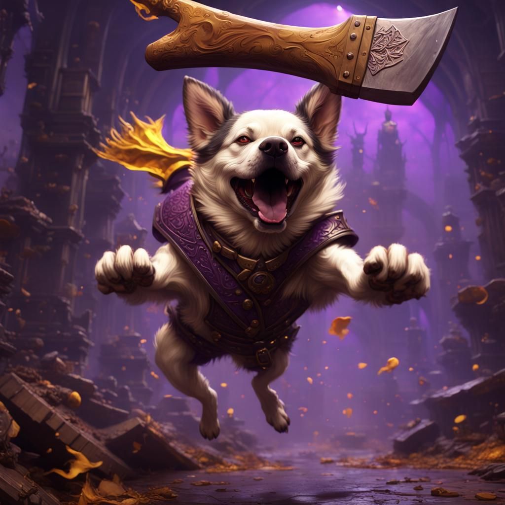 Axe-Wielding Dog's Acrobatic Display in Dark Fantasy Art