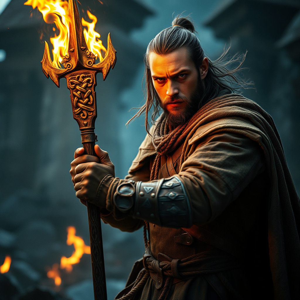 Fire Druid Wielding Shillelagh in Fantasy World