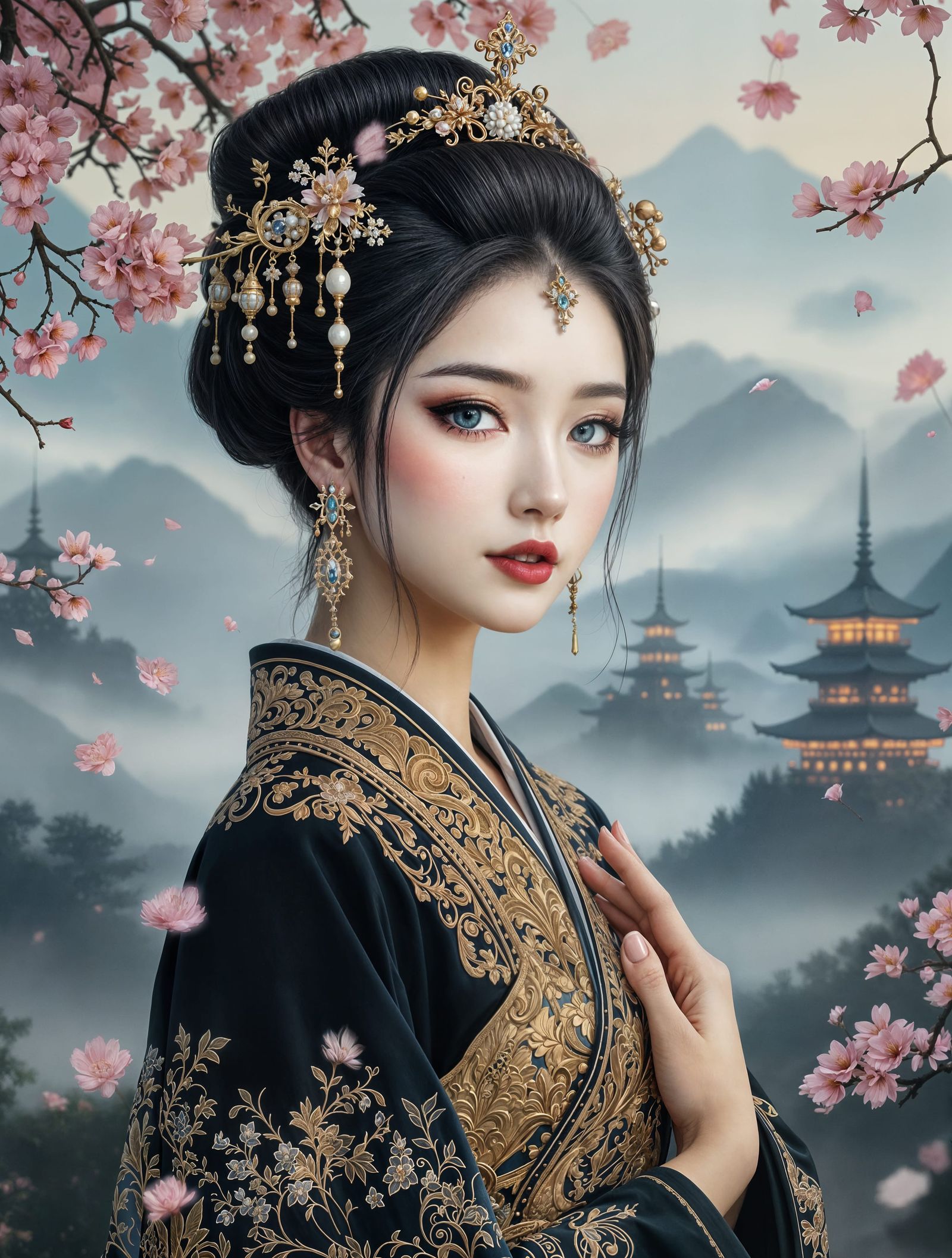 Hyperrealistic Geisha Portrait in Impressionistic Twilight