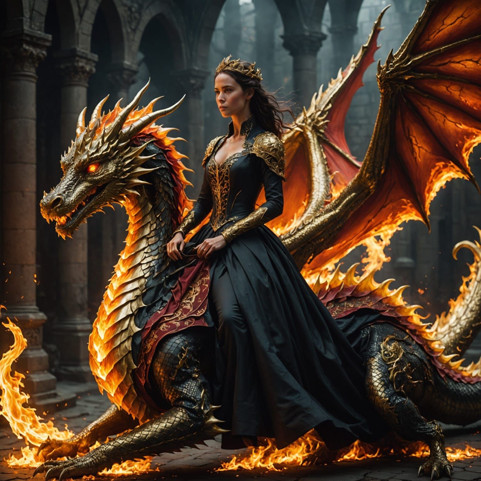 Dragon Woman in Fiery Ballgown Rides Golden Steed