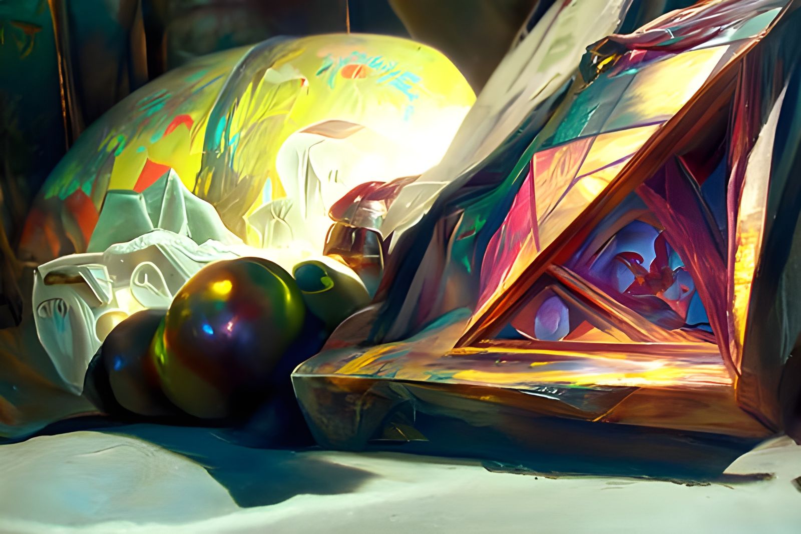 Aurora Geometric Still Life in Steampunk Cubism Style