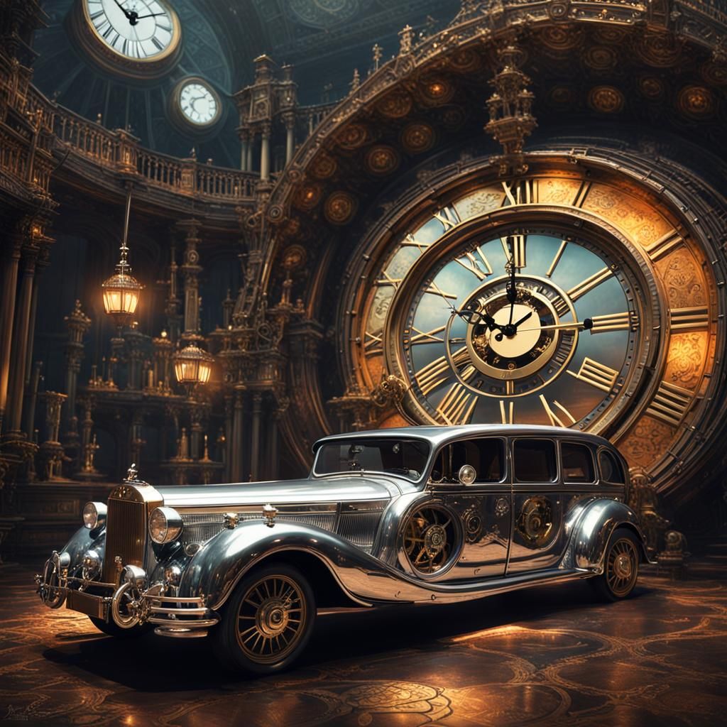 Steampunk Car Reaching Portal with Clock in Background