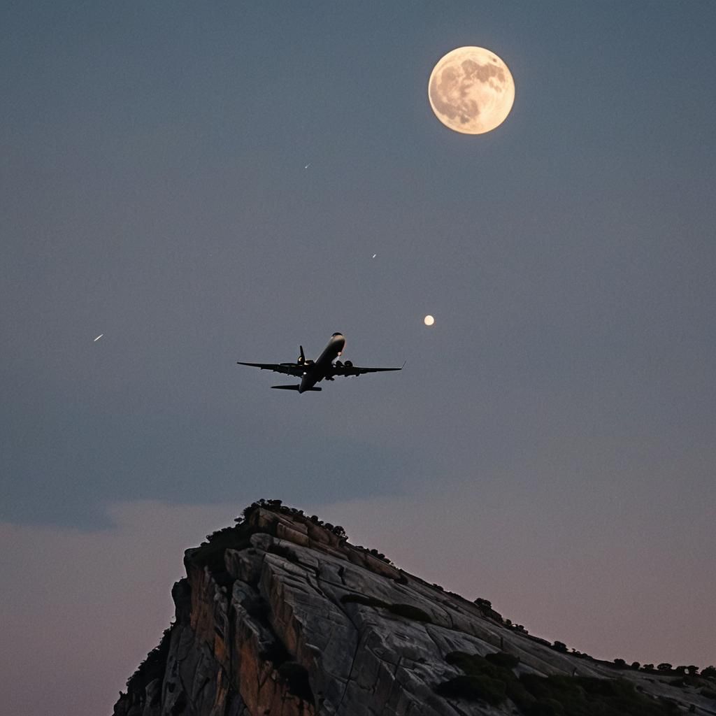 Moonlit Plane on Cliff: High Contrast Landscape