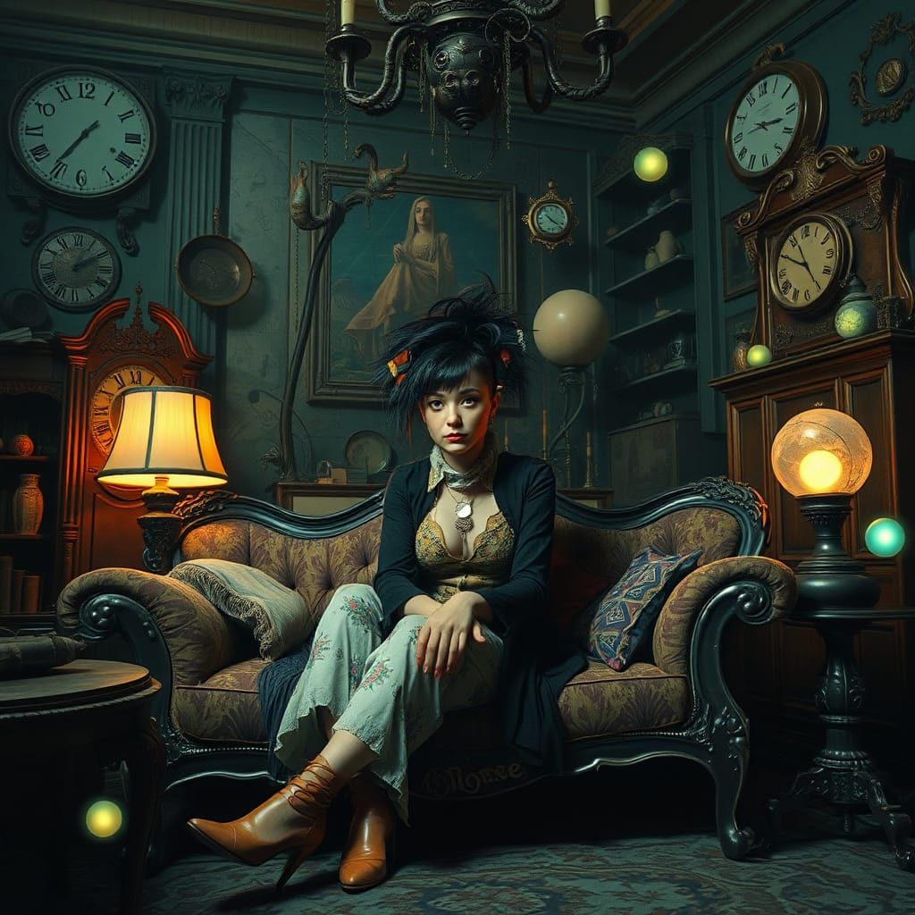 Surreal Woman in Mystical Living Room