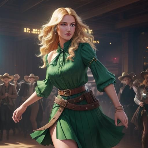 Cowgirl in Blue Dress Dancing: Fantasy Art