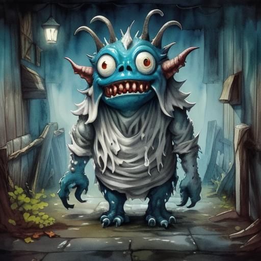 Mischievous One-Eyed Monster Watercolor Peeking Around Corne...