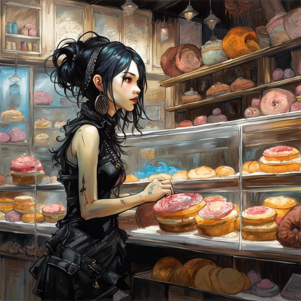 Gothic Girl in Bakery: A Hyperdetailed Fantasy