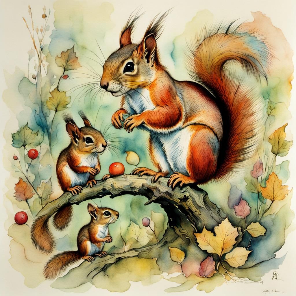 Whimsical Squirrels in Pastel Watercolor Style