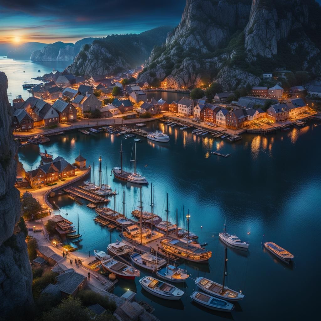 Fantasy Harbor Sunset: Drone View Landscape