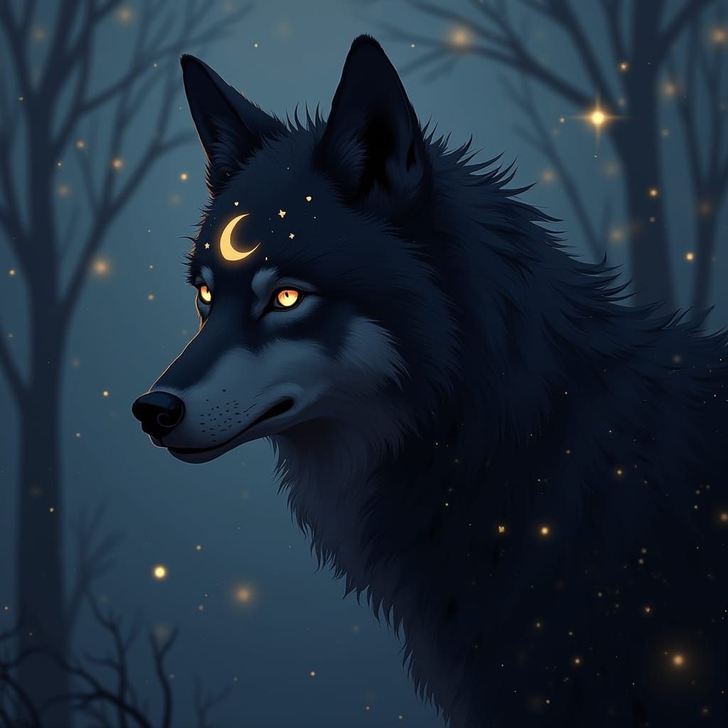 Ethereal Black Wolf with Crescent Moon and Stars
