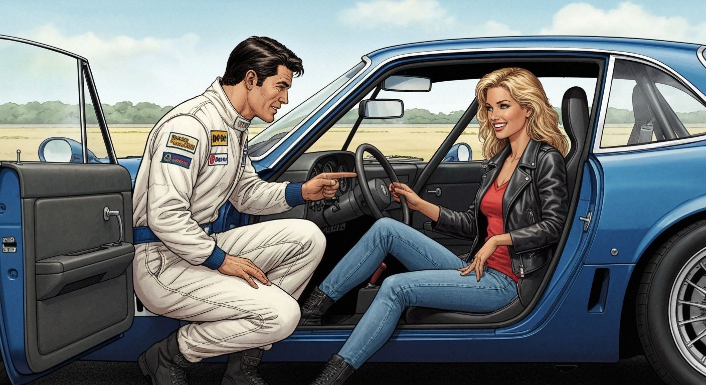 Retro Comic Art: Race Car Driver and Blonde Woman