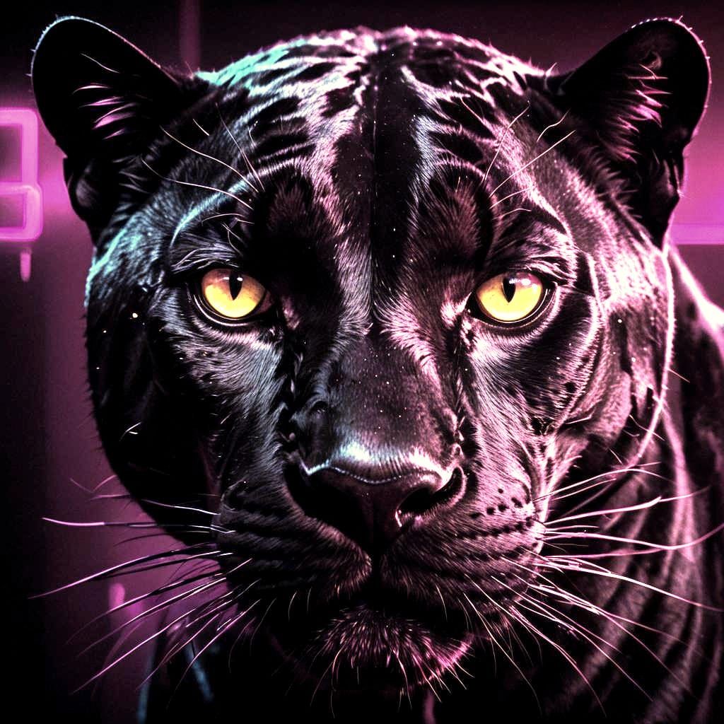 Panther Eyes Gleam in Synthwave Darkness