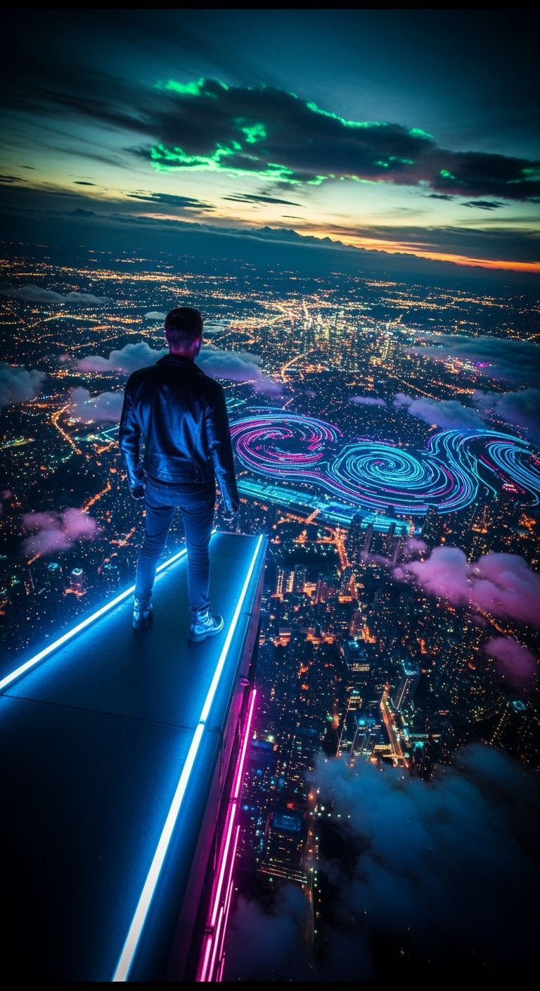 Figure standing on the edge of "Toronto's CN Tower", looking down