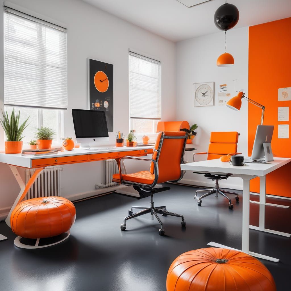Futuristic Office with Retro Accents in Vibrant Orange