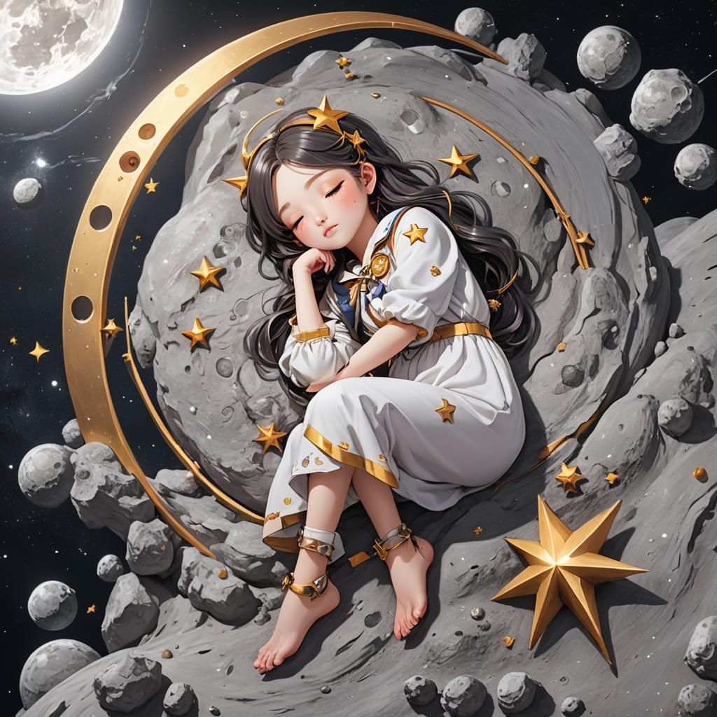 Cute Star Girl Sleeping on the Moon in 3D Anime Art