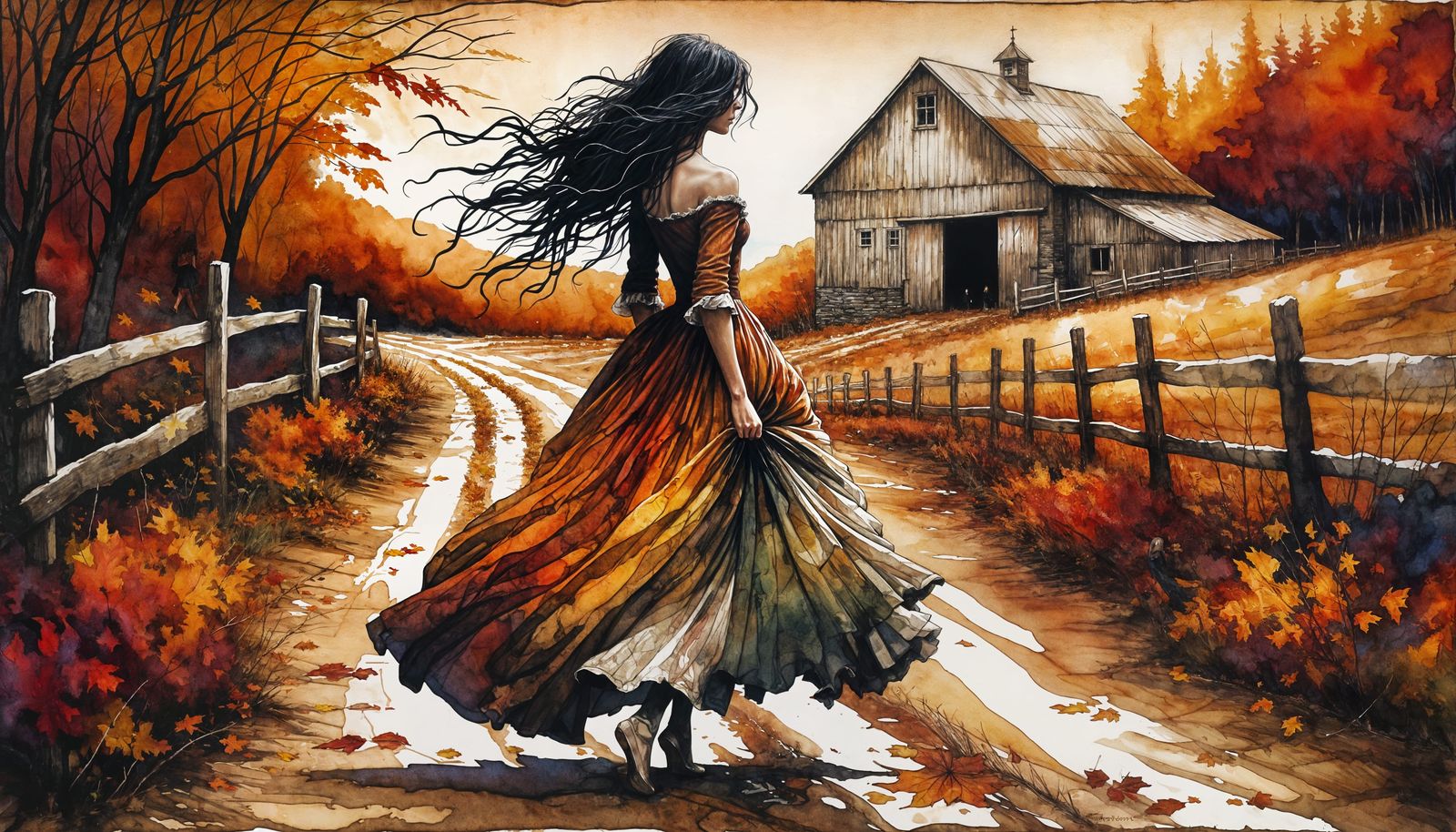 English Woman in Vermont Autumn Landscape
