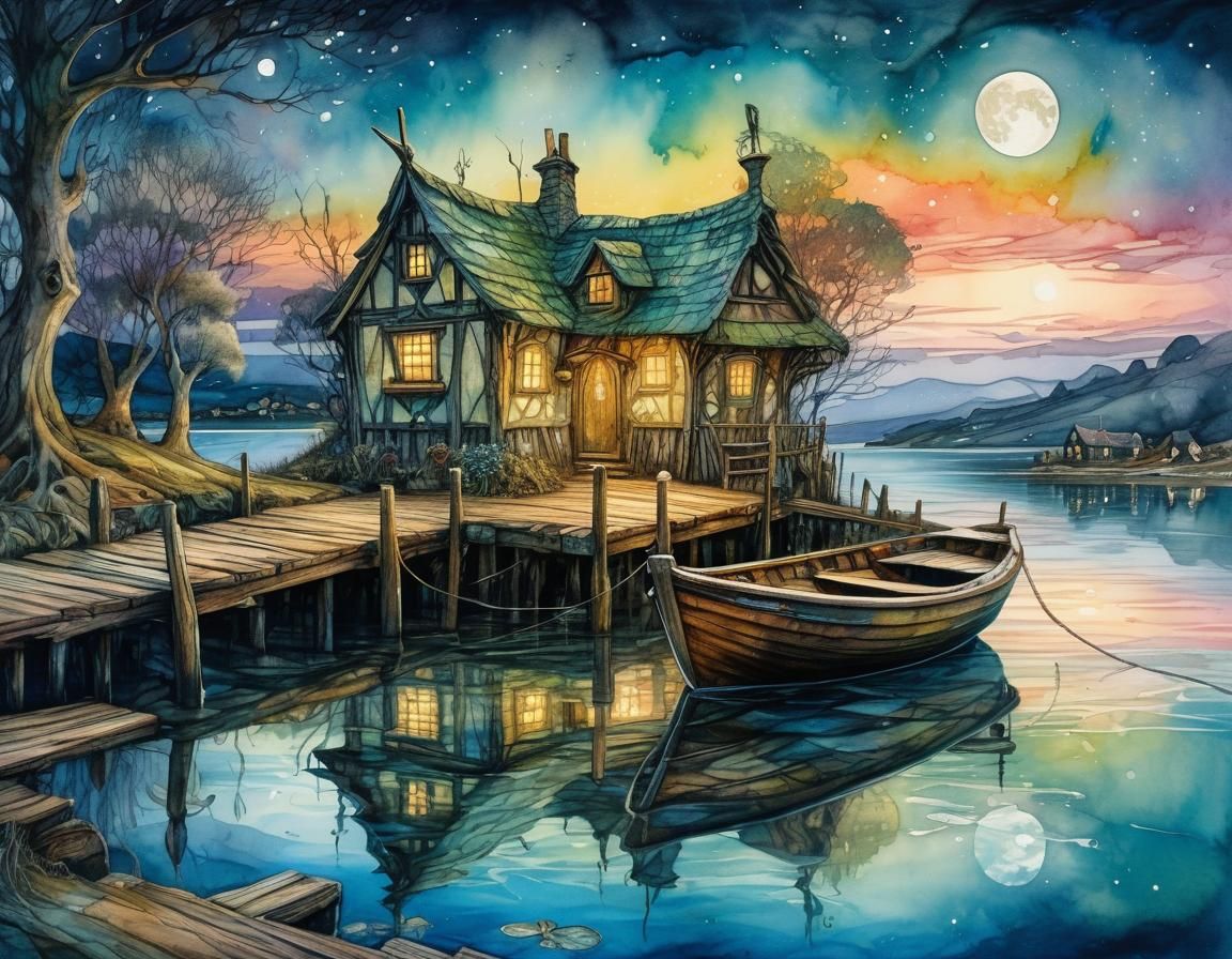 Charming Lakeside Village in Watercolor Illustration Style