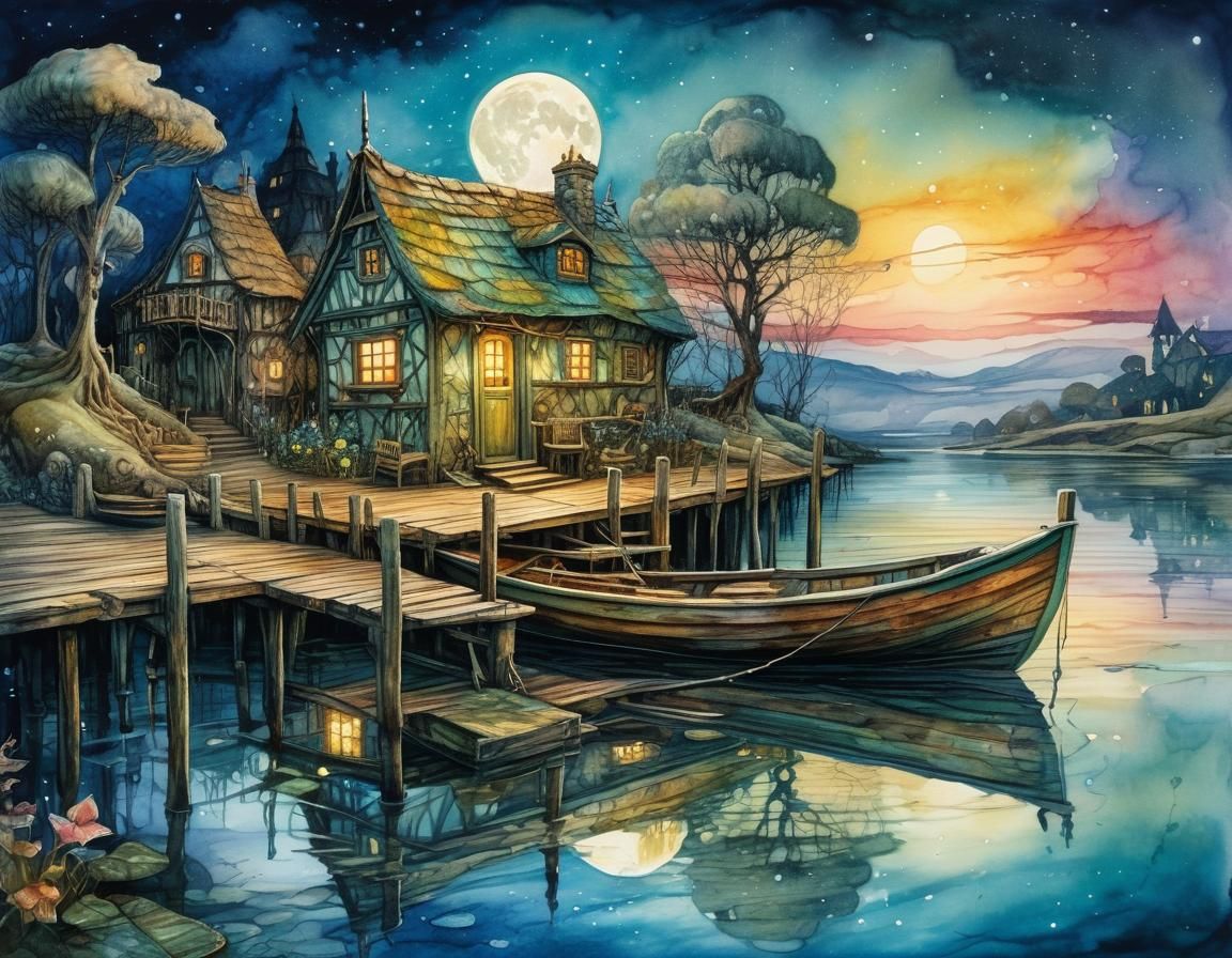Moonlit Fairy Village Watercolor Illustration