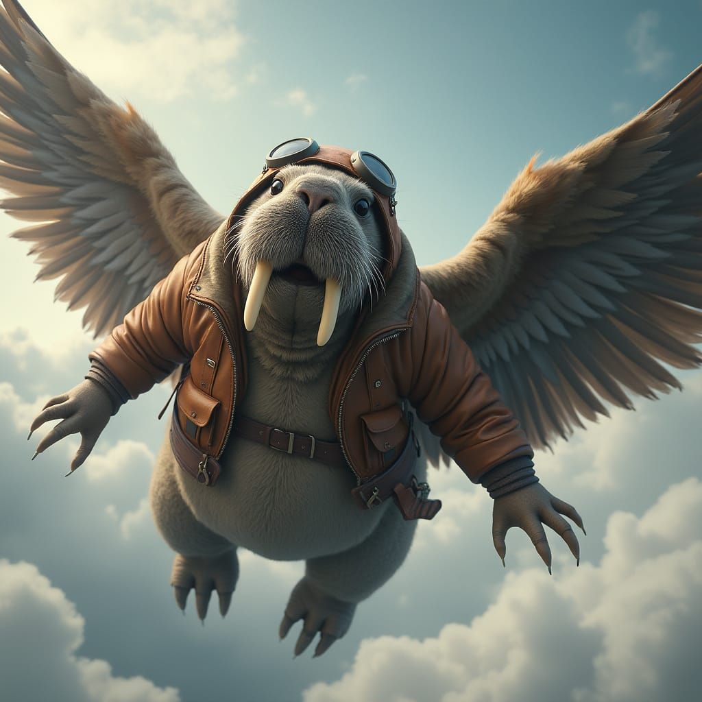 Hyper Realistic Walrus in Flight with Wings