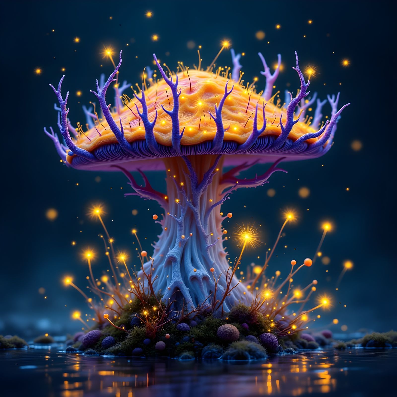 Glowing Antlered Mushroom in Moss