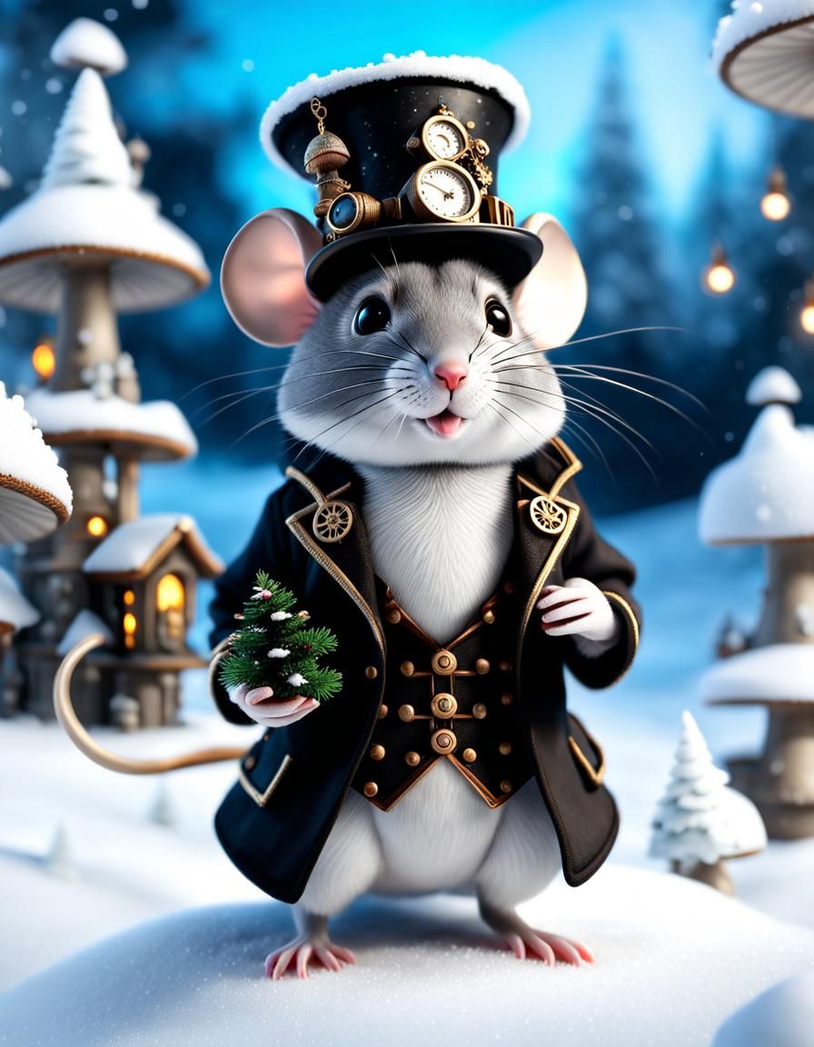 Steampunk Mouse in Winter Wonderland: Hyperrealistic 3D Art