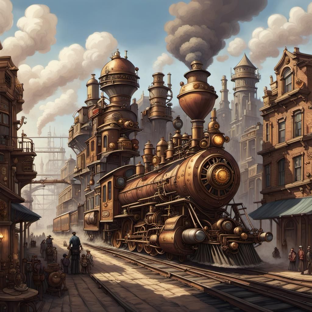 Steampunk Western Landscape with Clockwork Heart Machine