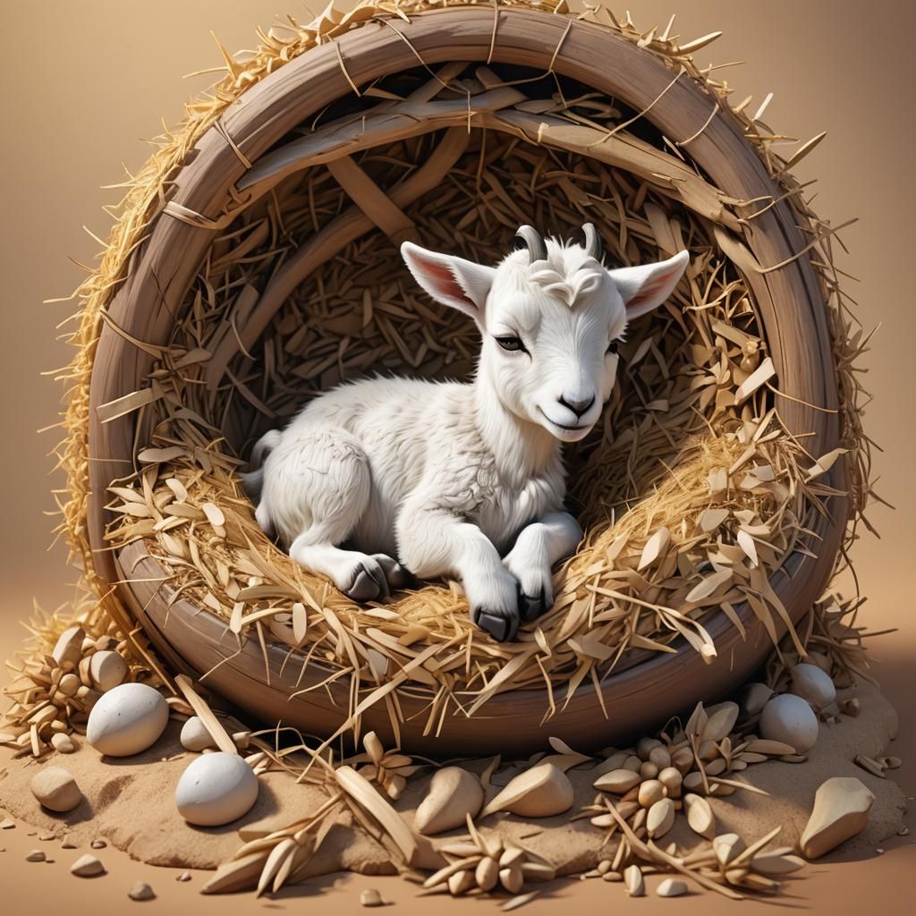 Cute Cartoon Baby Goat Sleeping: 3D Digital Art
