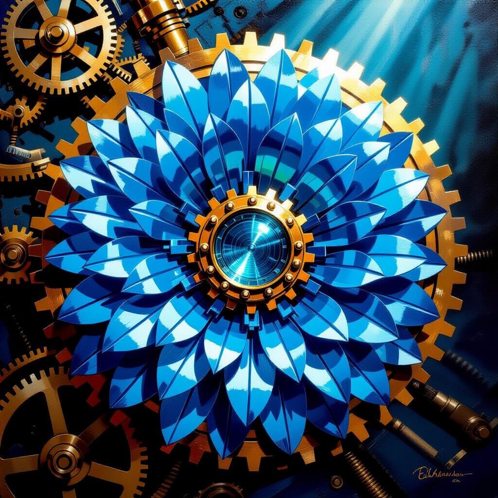 Blue Steel Chrysanthemum in Steampunk Fantasy Style