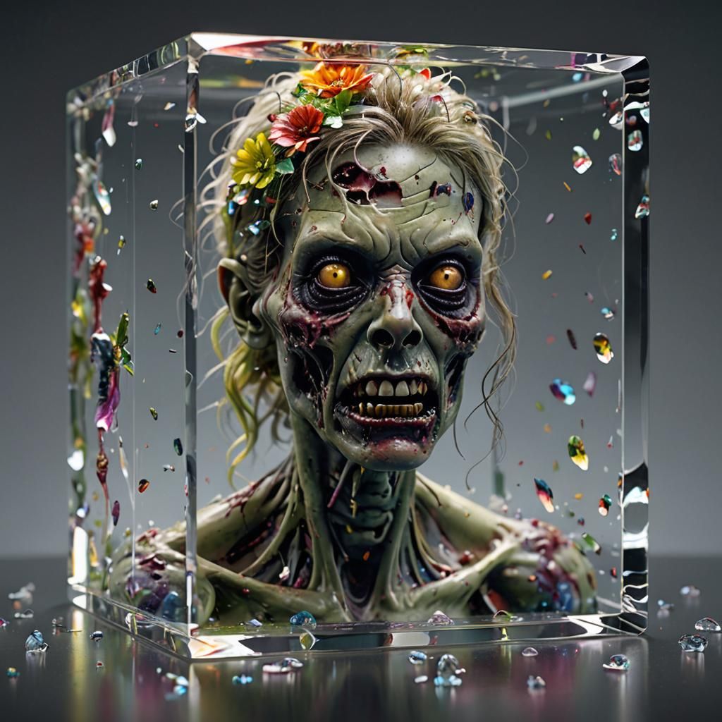 Zombie in Crystal Cube: Hyperrealistic 3D Rendering