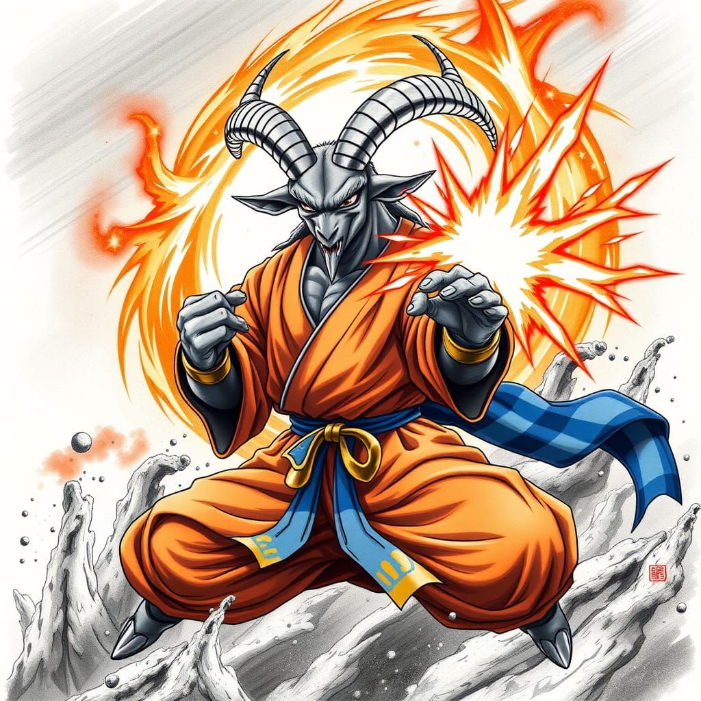 Energetic Goat Unleashes Kamehameha in Vibrant Charcoal Draw...