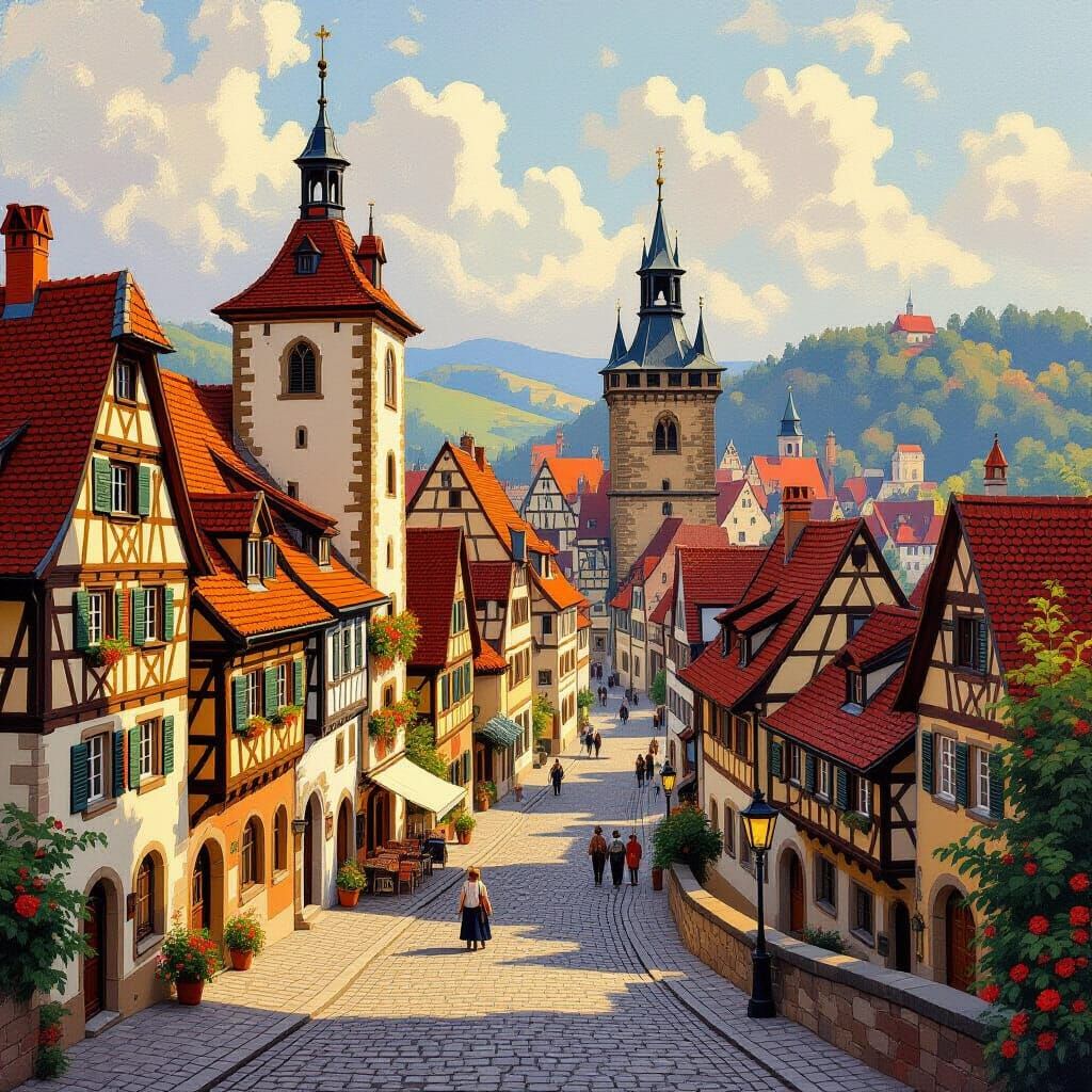 Picturesque Medieval Town in Classic Art Style
