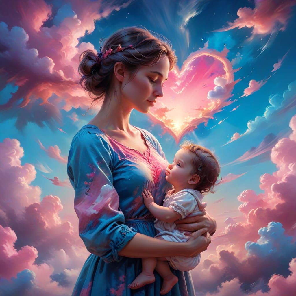 Surrealism. Medium shot. A dreamlike mother holding her infa...