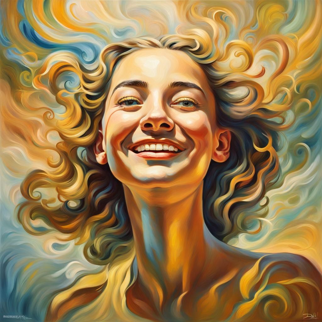 Smiling Girl in Ray of Light: Surrealist Oil Painting