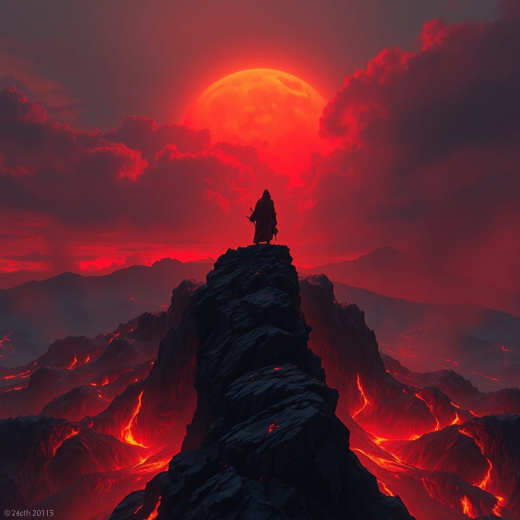Volcanic Silhouette: Crimson Figure in Matte Painting Style