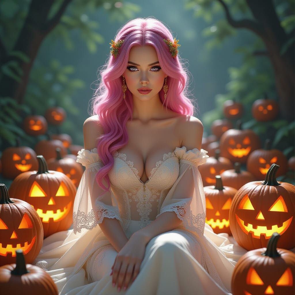 Pink Haired Woman in Lace Gown Amidst Jack-o'-Lanterns