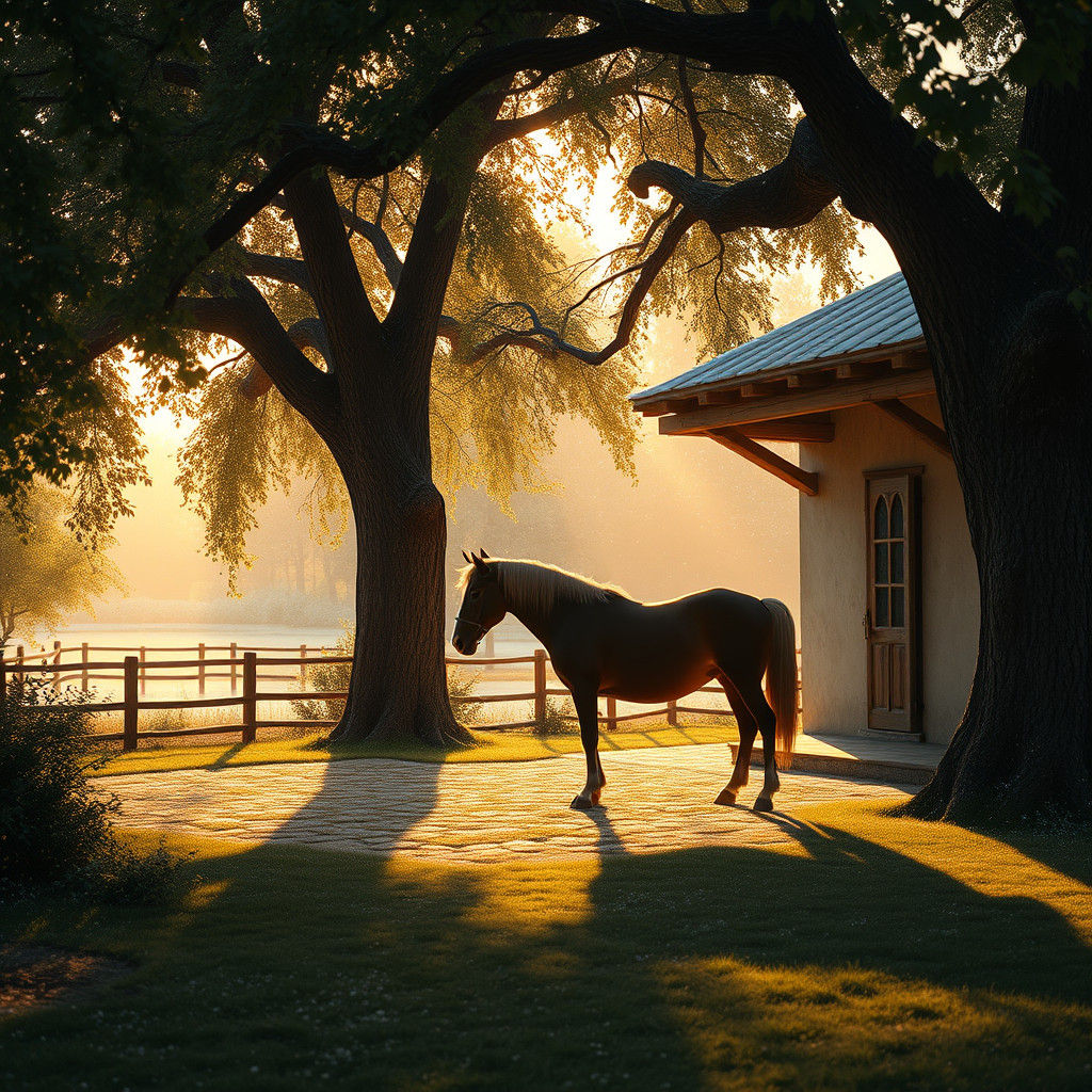 Golden Sunset on Countryside Horse, Watercolor Style
