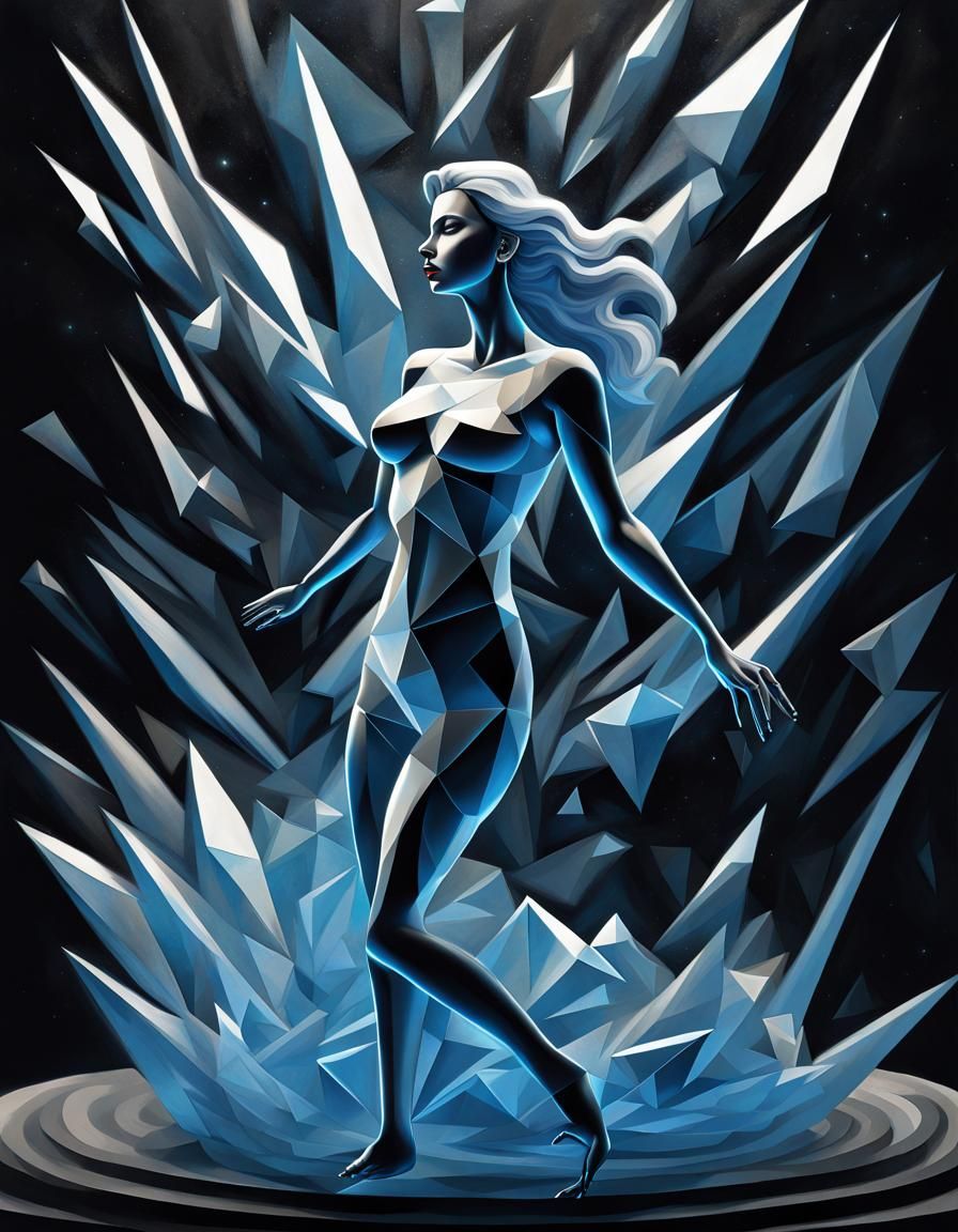 Glowing Cubist Woman Statue in Dark Fantasy Style