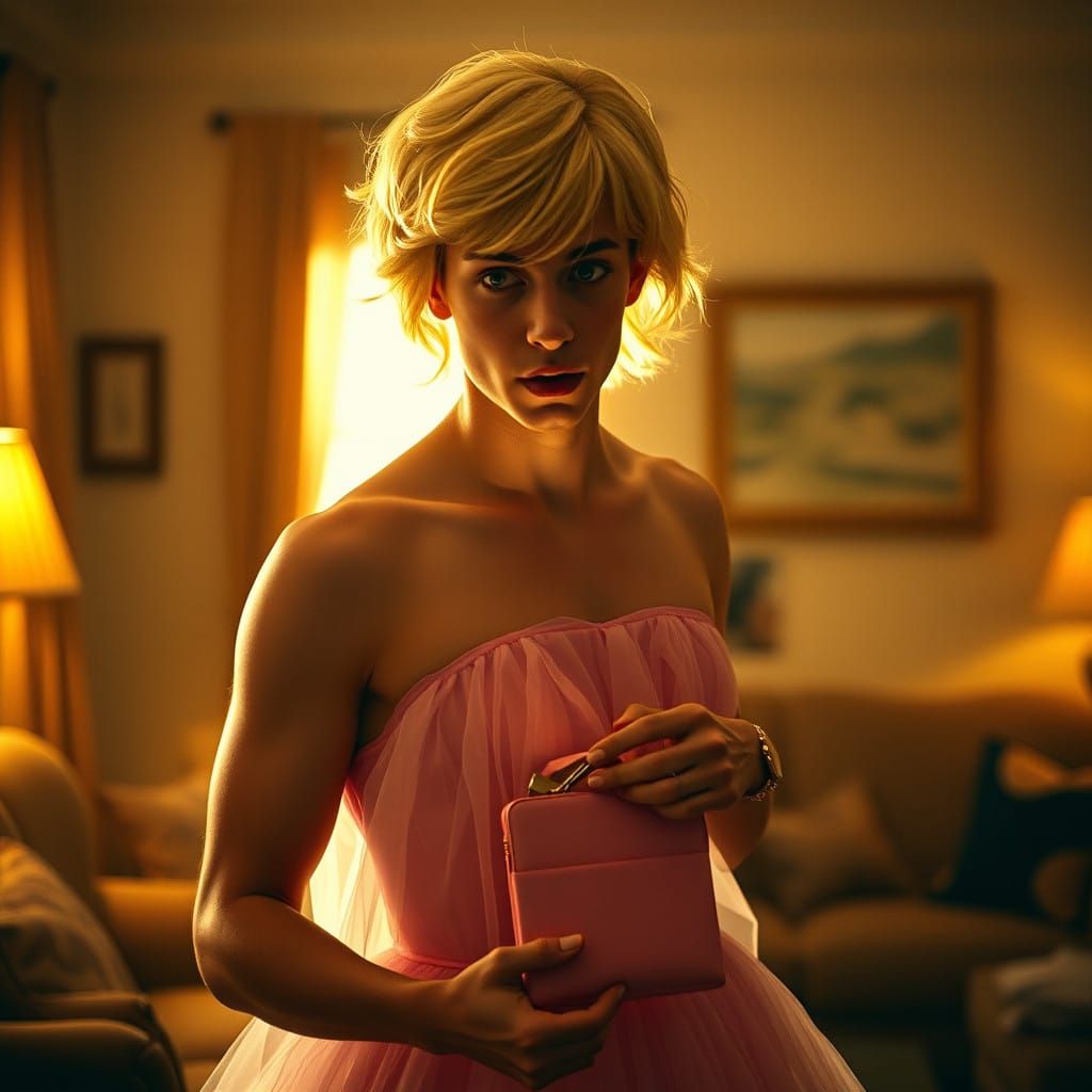 Handsome Young Man Surprised in Prom Dress with Blonde Wig