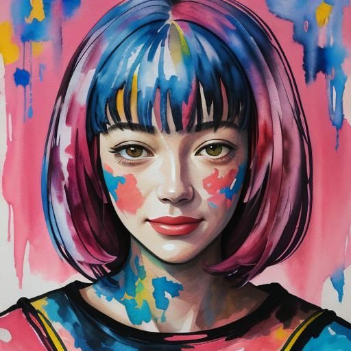 Happy Young Girl in Gouache Style Impressionist Painting