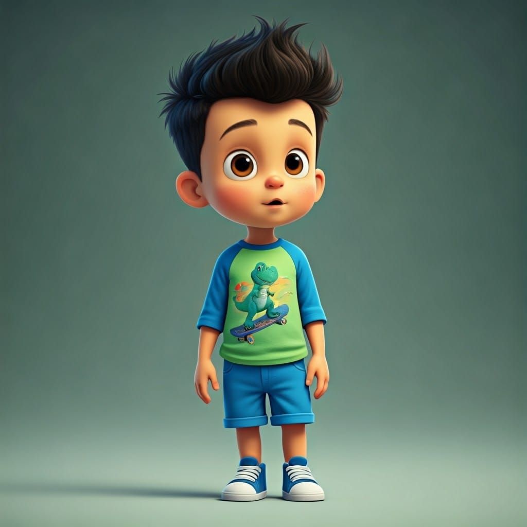 Three year old boy with yellow skin jet black hair brown eyes wearing blue and green raglan shirt with skateboarding din...