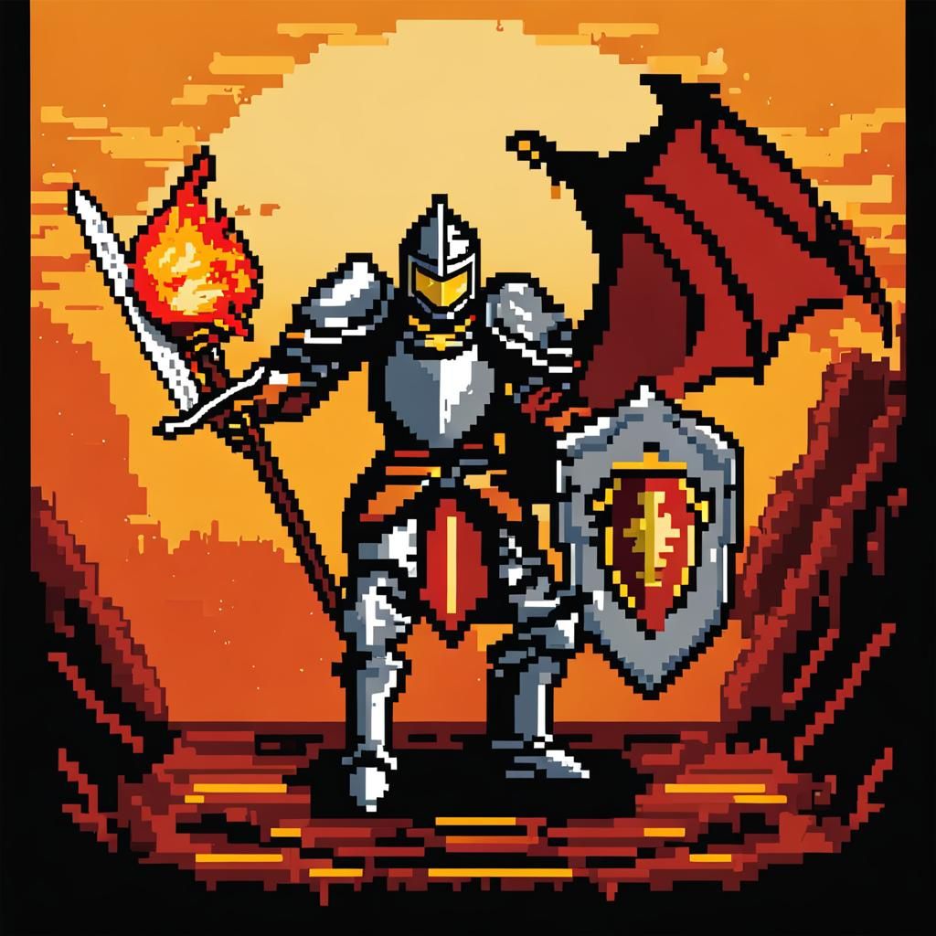 Knight Fighting Dragon in Pixel Art Style