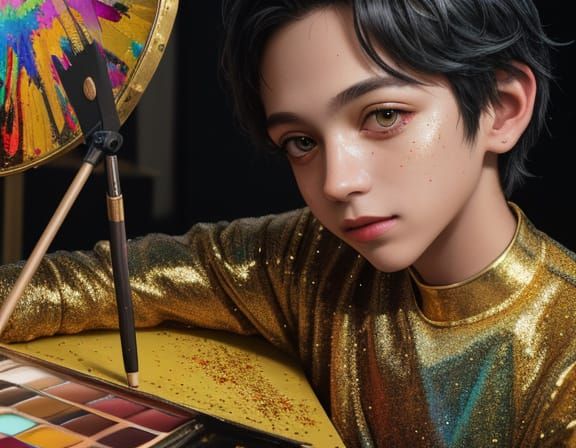 Child Artist Paints with Magic Brush in Grunge Oil Style