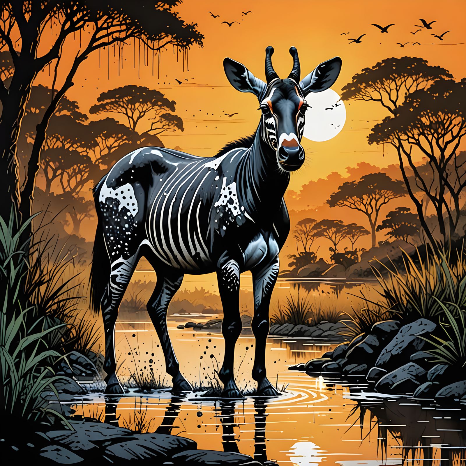 Okapi in Vibrant Ink Splatter Art on African Steppes