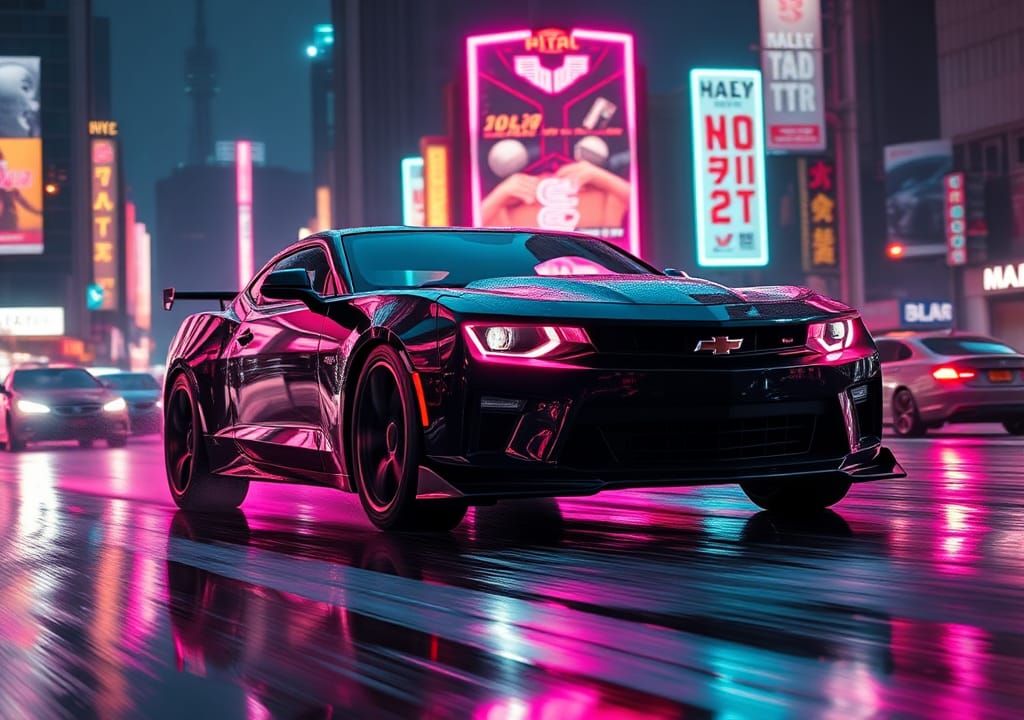 Neon-lit Camaro in Cyberpunk Cityscape