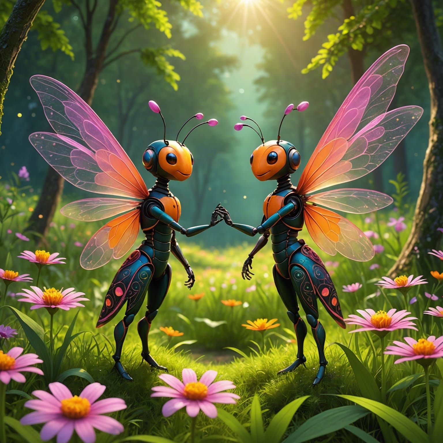 Humanoid Fireflies Conversing in a Meadow