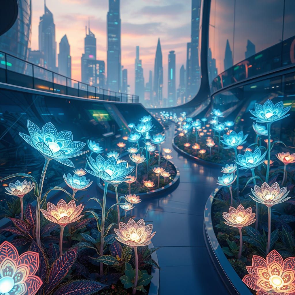 Futuristic Garden in Neon Hues, Inspired by Syd Mead, H.R. G...
