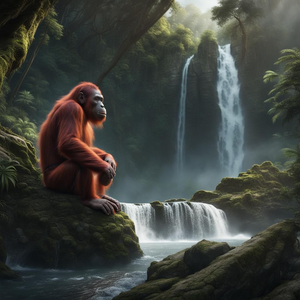 Orangutan Meditates by Waterfall in Detailed Matte Painting