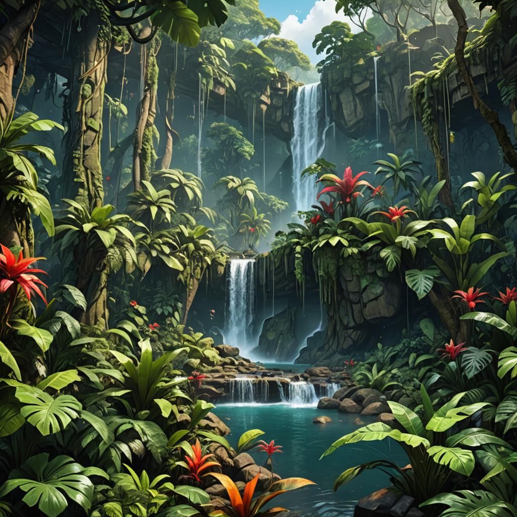 Lush Rainforest Waterfall in Comic Book Style